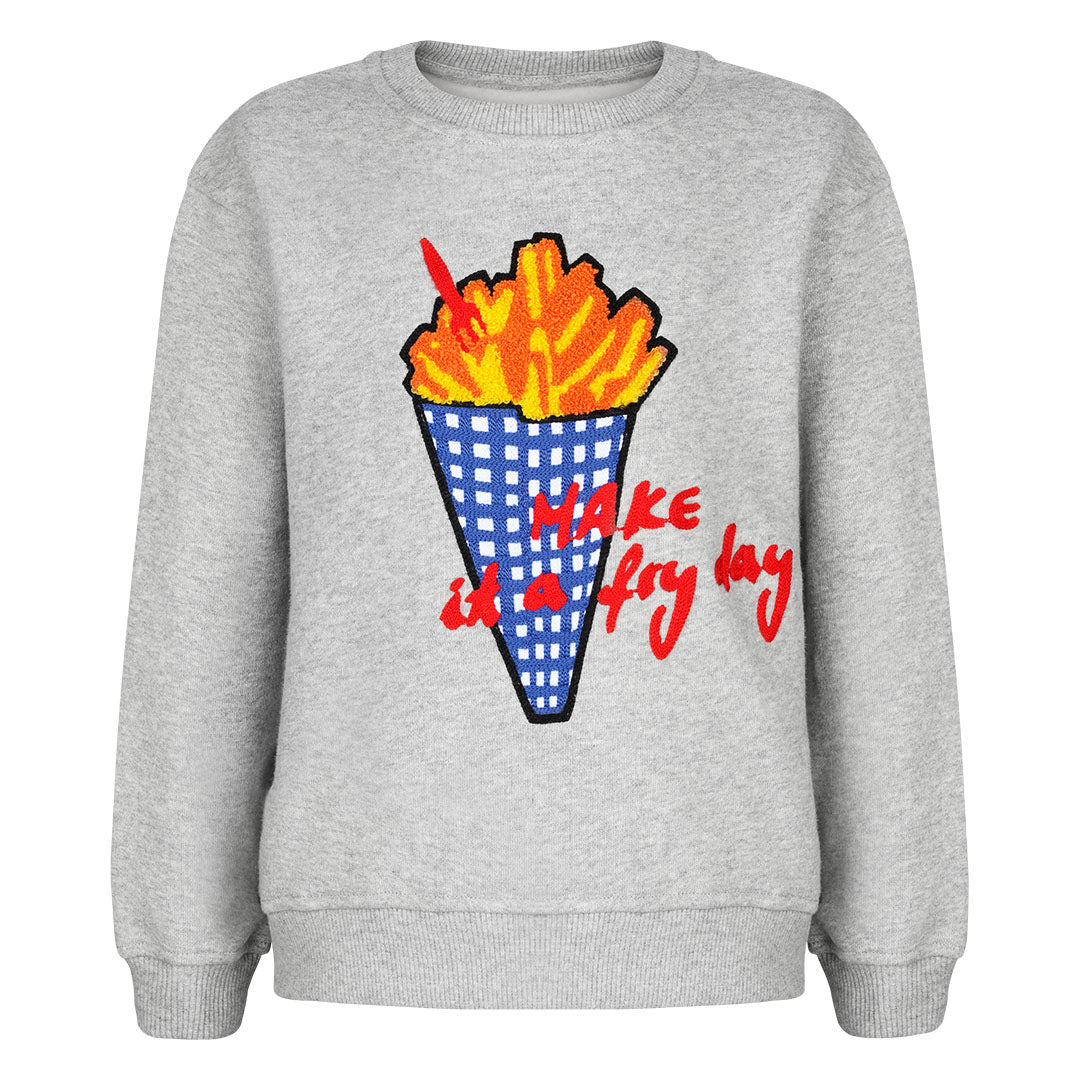 CHIO MI Premium Kinder-Sweatshirt mit Pommes Stickerei – „Make it a Fryday“ – Bio-Baumwolle – Kids French Fries Embroidery Sweater – Sweat enfant haut de gamme avec broderie frites en coton bio