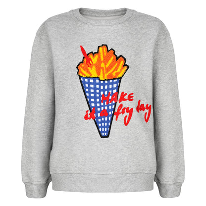 CHIO MI Premium Kinder-Sweatshirt mit Pommes Stickerei – „Make it a Fryday“ – Bio-Baumwolle – Kids French Fries Embroidery Sweater – Sweat enfant haut de gamme avec broderie frites en coton bio