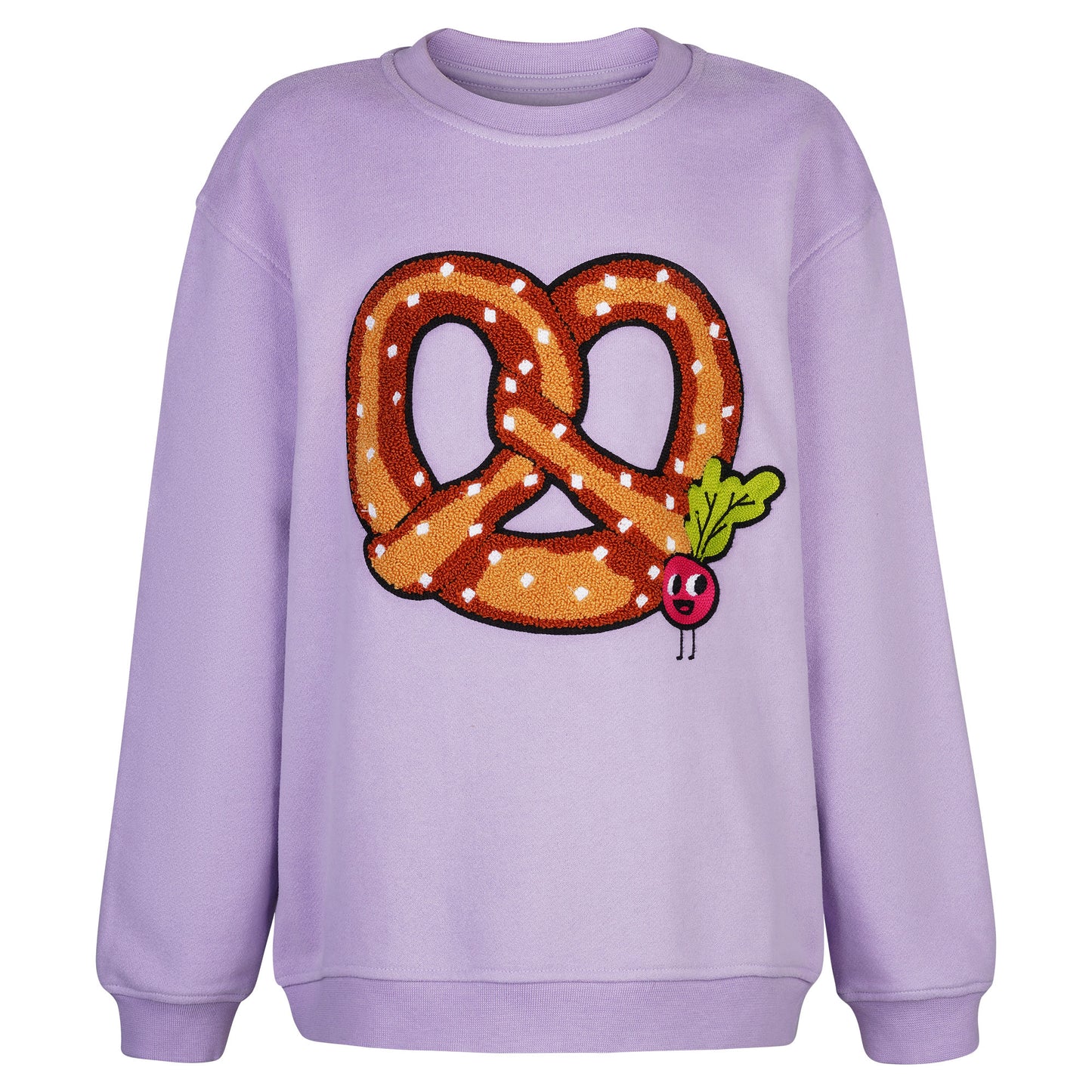 CHIO MI Kids Sweatshirt Lavendel mit Brezel & Radieschen Stickerei – Perfektes Outfit fürs Oktoberfest – Kids Pretzel & Radish Embroidery Sweater – Unique Bavarian Style – Sweat enfant lilas avec broderie bretzel et radis – Style bavarois unique