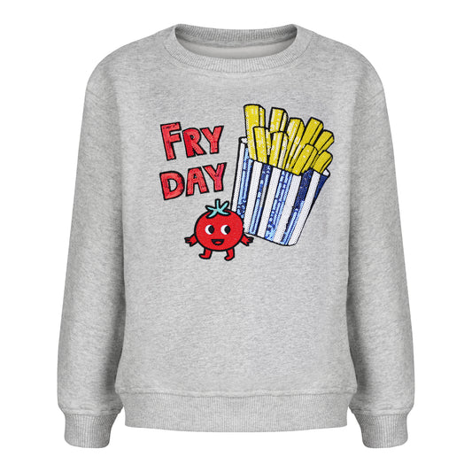 CHIO MI Premium Kinder-Sweatshirt mit Pommes Pailletten-Stickerei – „Make it a Fryday“ – Bio-Baumwolle – Kids French Fries Paillette Embroidery Sweater – Sweat enfant haut de gamme avec broderie frites en paillettes