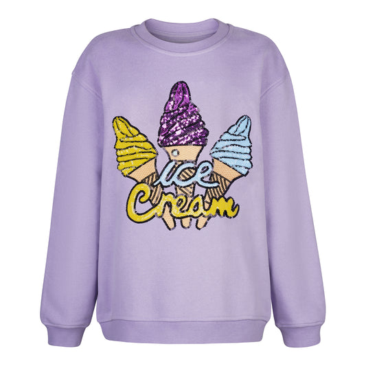 CHIO MI Kids Sweatshirt Lavender mit funkelnder Eiswaffel Pailletten-Stickerei – Bio-Baumwolle für kleine Genießer – Kids Ice Cream Paillette Embroidery Sweater – Sweet Summer Style – Sweat enfant lilas avec broderie glace en paillettes – Style estival et sucré.