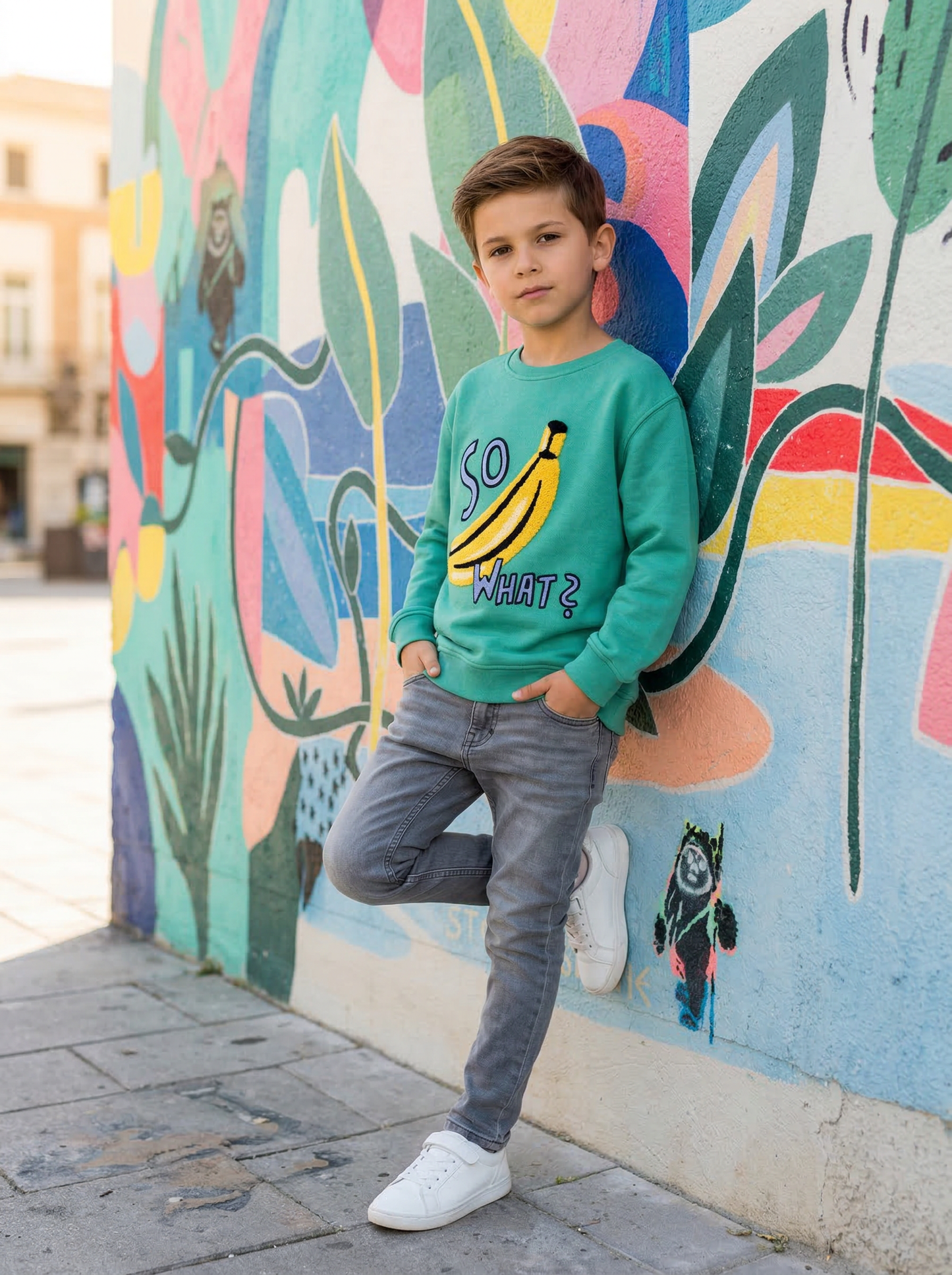 CHIO MI Premium Statement Kinder Sweatshirt in grün mit Bananen Stickerei aus 100% Bio-Baumwolle 