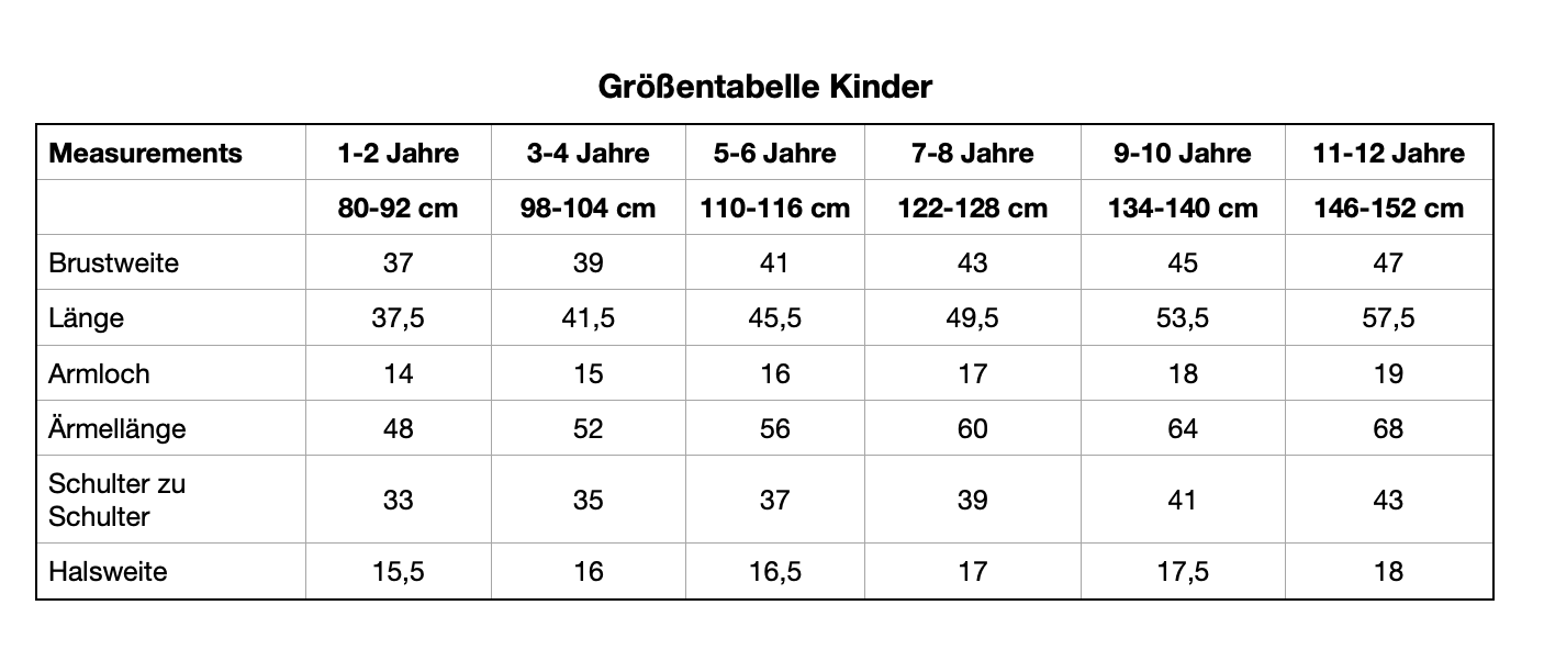 Size Chart Kids