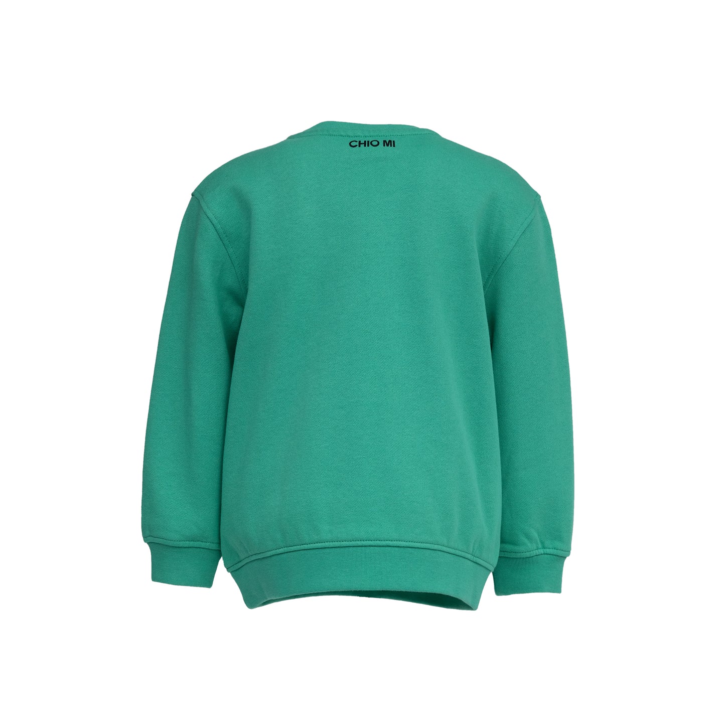 Rückansicht CHIO MI Lion Kids Sweater: Bequeme Passform in Dunkelgrün aus 100% Bio-Baumwolle – Strapazierfähig und weich – Comfortable fit dark green organic cotton kids clothes – Coupe confortable en coton bio vert pour enfants.