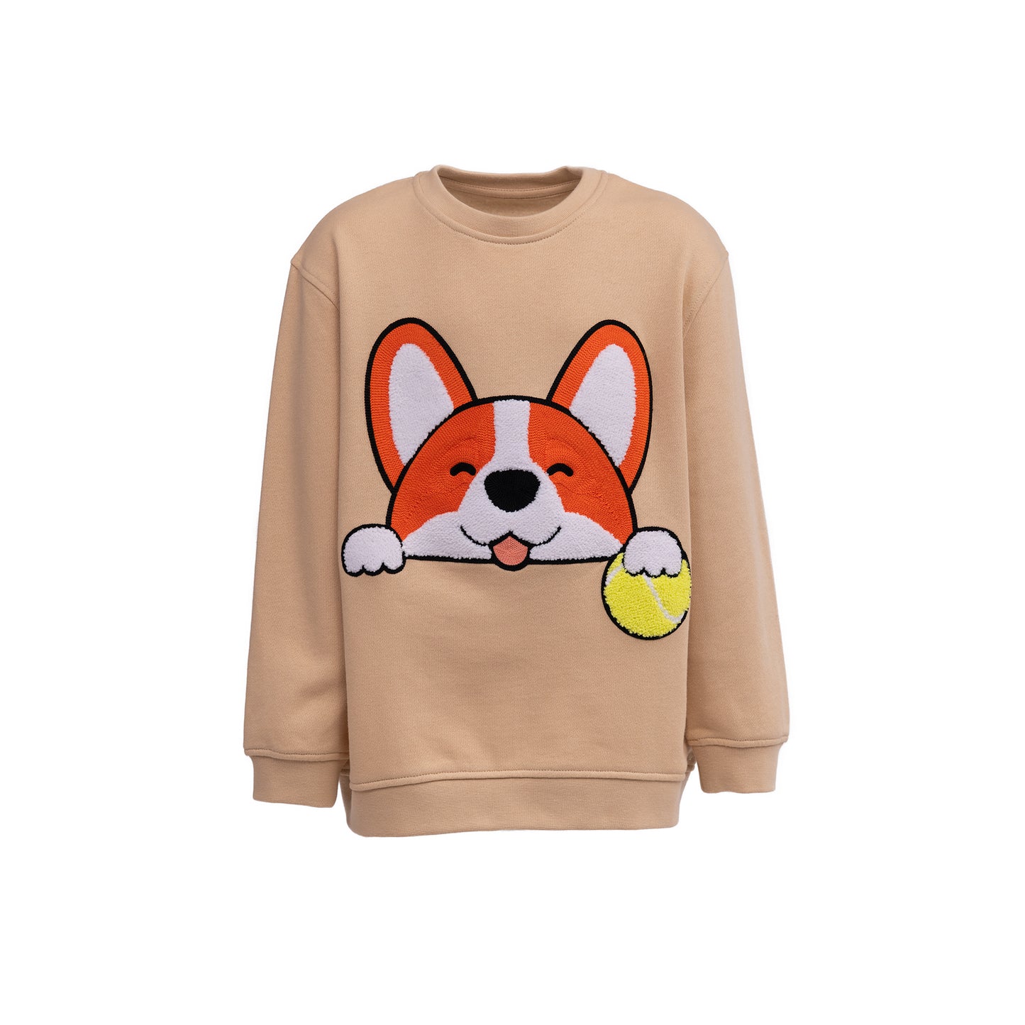 CHIO MI Premium Kinder-Sweatshirt mit Corgi Hund & Tennisball Stickerei – Bio-Baumwolle – Kids Corgi Dog & Tennis Ball Embroidery Sweater – Unique gift for dog lovers – Sweat enfant haut de gamme avec broderie chien Corgi et balle de tennis.