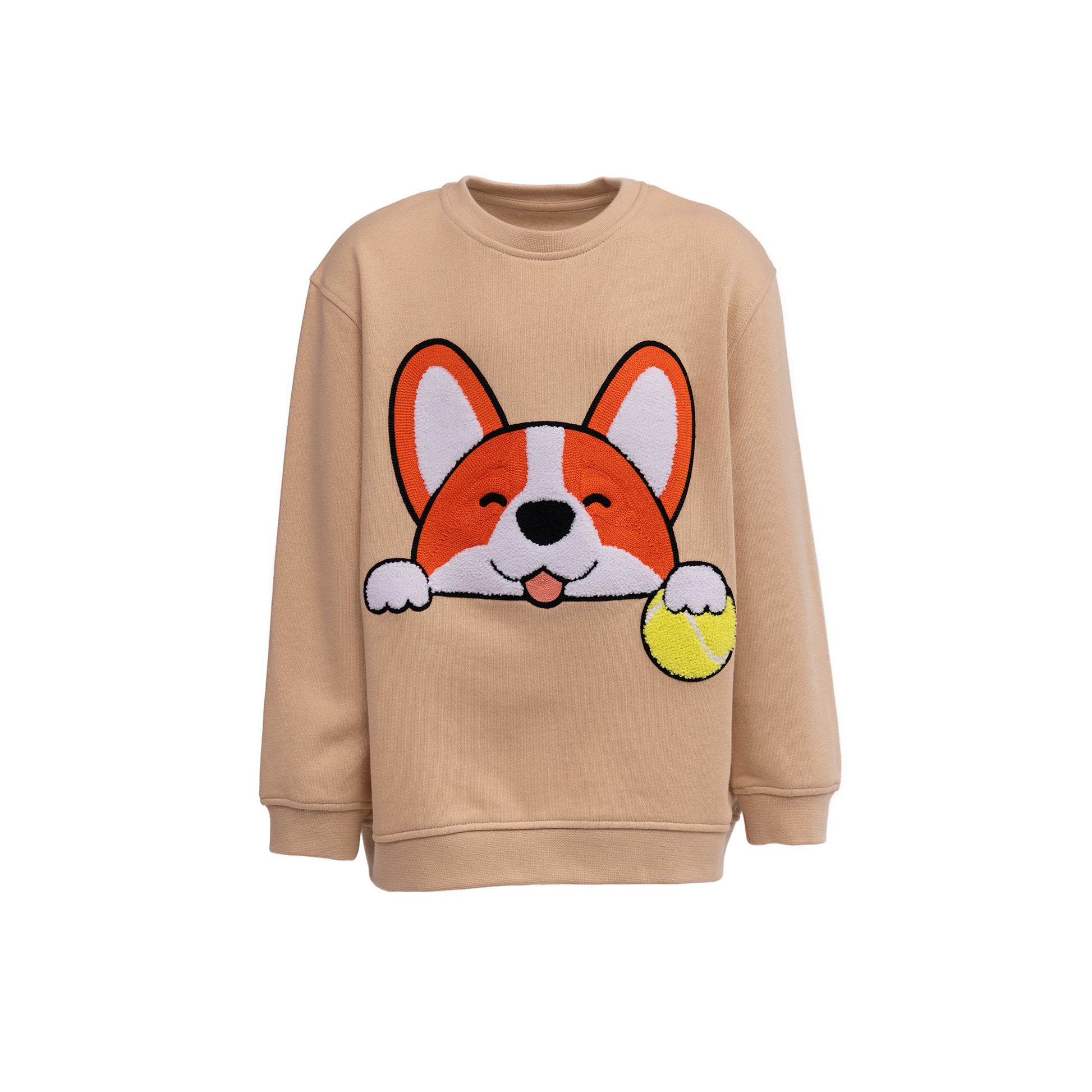 CHIO MI Premium Kinder-Sweatshirt mit Corgi Hund & Tennisball Stickerei – Bio-Baumwolle – Kids Corgi Dog & Tennis Ball Embroidery Sweater – Unique gift for dog lovers – Sweat enfant haut de gamme avec broderie chien Corgi et balle de tennis.