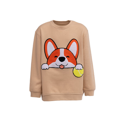 CHIO MI Premium Kinder-Sweatshirt mit Corgi Hund & Tennisball Stickerei – Bio-Baumwolle – Kids Corgi Dog & Tennis Ball Embroidery Sweater – Unique gift for dog lovers – Sweat enfant haut de gamme avec broderie chien Corgi et balle de tennis.