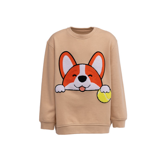 CHIO MI Premium Kinder-Sweatshirt mit Corgi Hund & Tennisball Stickerei – Bio-Baumwolle – Kids Corgi Dog & Tennis Ball Embroidery Sweater – Unique gift for dog lovers – Sweat enfant haut de gamme avec broderie chien Corgi et balle de tennis.