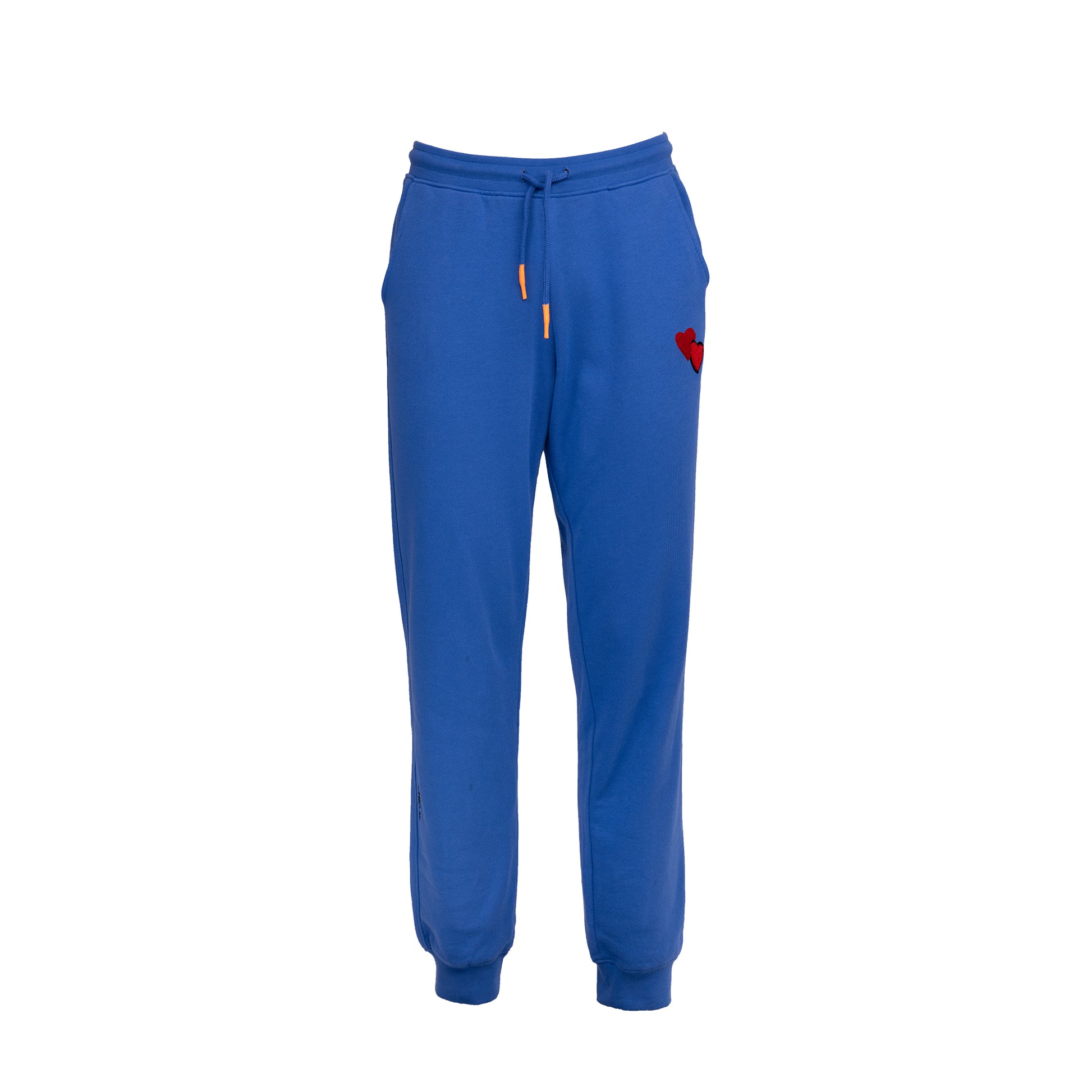 Gemütliche Jogginghose mit weicher Innenseite aus 100% Bio-Baumwolle in Blau und Herzstickerei mit Neon Bändern. Auch als Partnerlook
